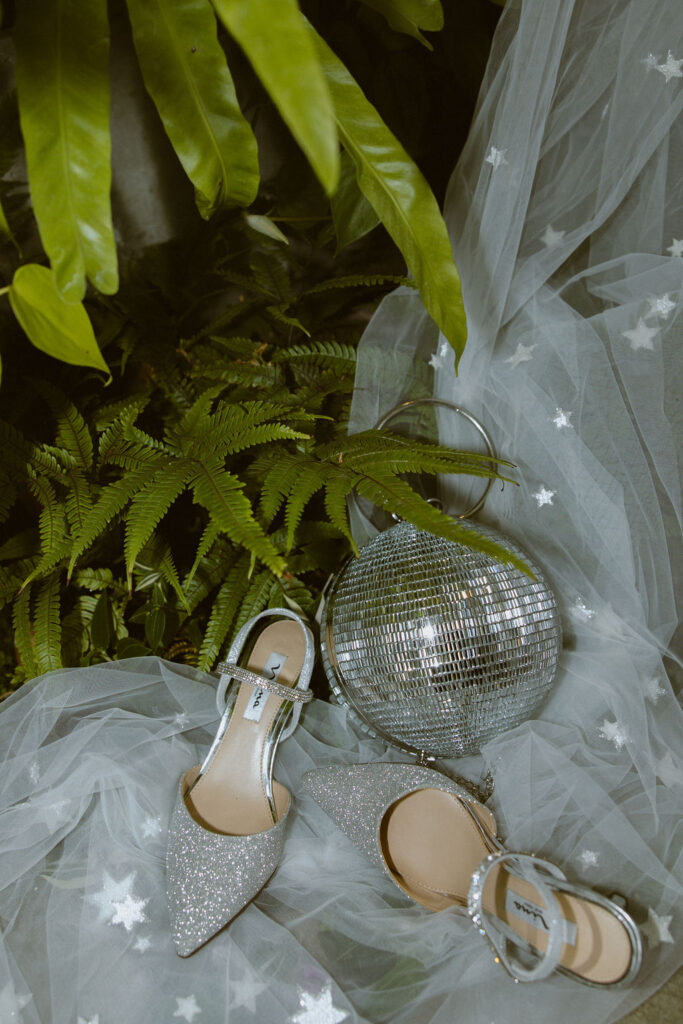 Disco ball reception decor Red Butte Garden wedding Salt Lake
