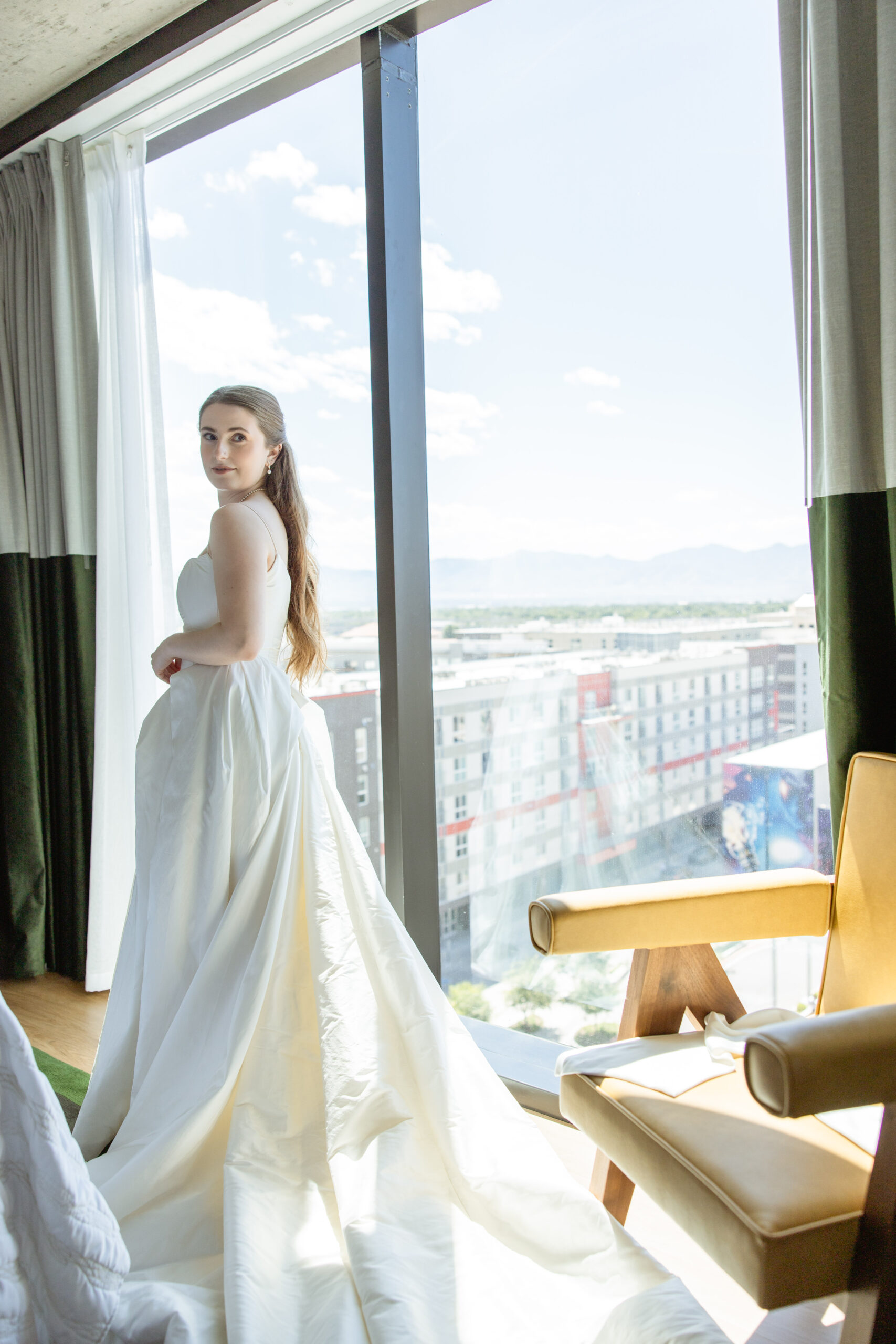Editorial bridal photo inside the hotel room at Le Meridian Salt Lake City Downtown