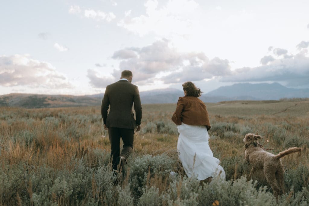 Bride and groom golden hour portrait at private mountain estate with autumn colors