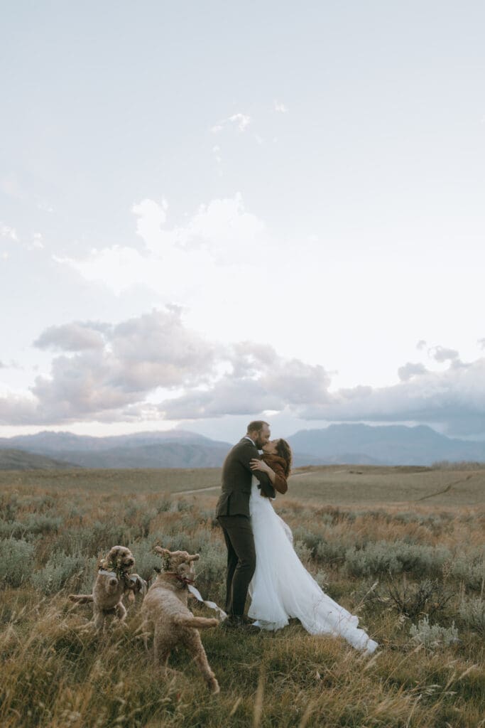 Bride and groom golden hour portrait at private mountain estate with autumn colors