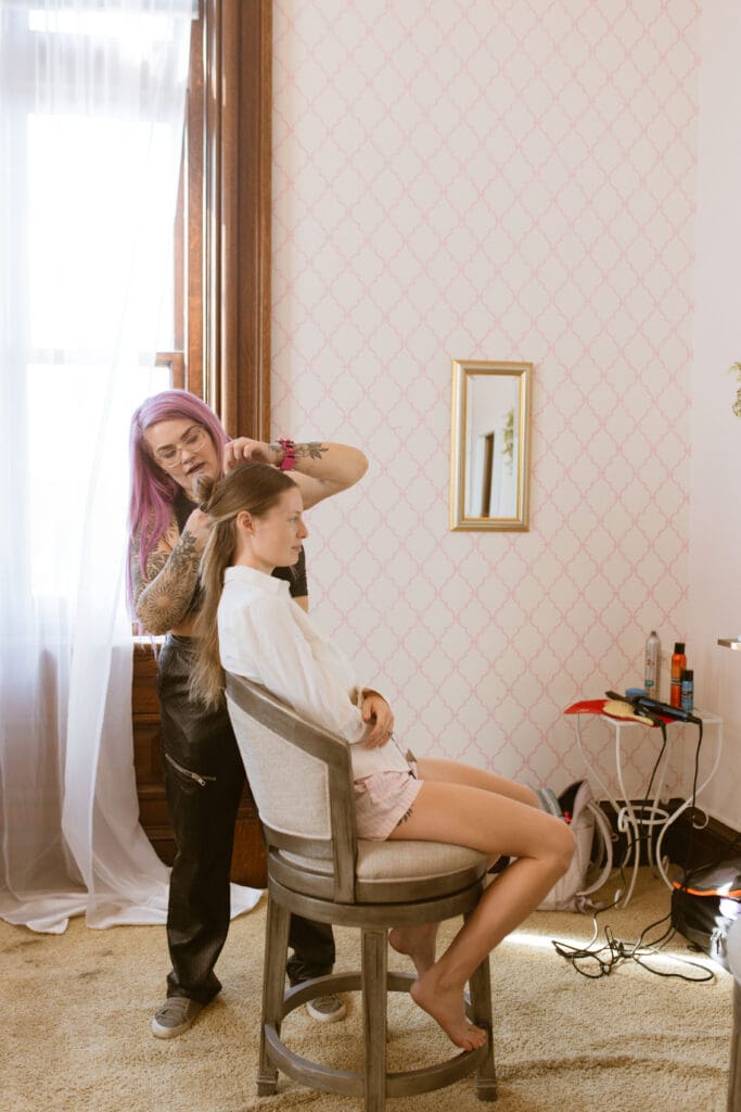 Hair and Makeup behind the scenes in Let Them Eat Cake Marie Antoinette luxury wedding editorial by Gabrielle Pellegrino Photography