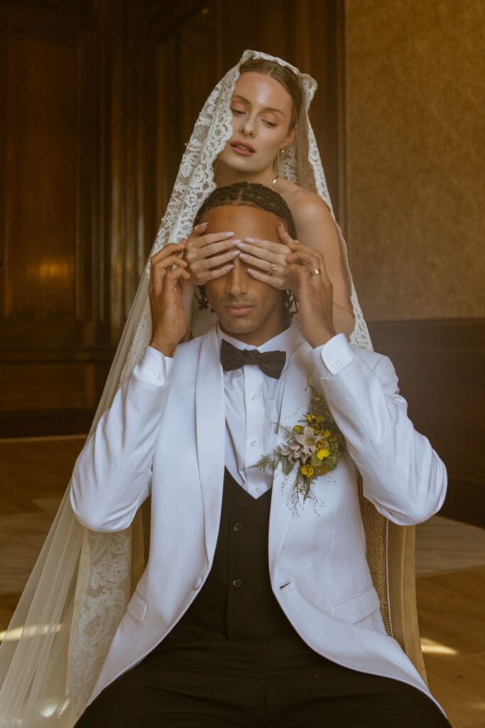 First look in Let Them Eat Cake Marie Antoinette luxury wedding editorial by Gabrielle Pellegrino Photography