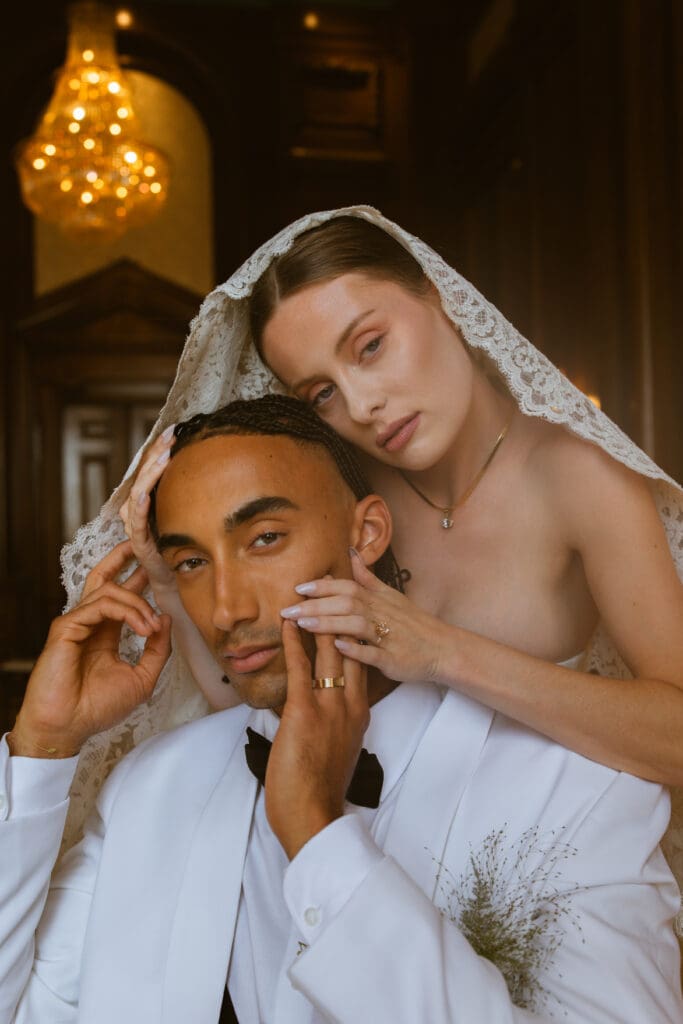 Intimate couple photos in Let Them Eat Cake Marie Antoinette luxury wedding editorial by Gabrielle Pellegrino Photography